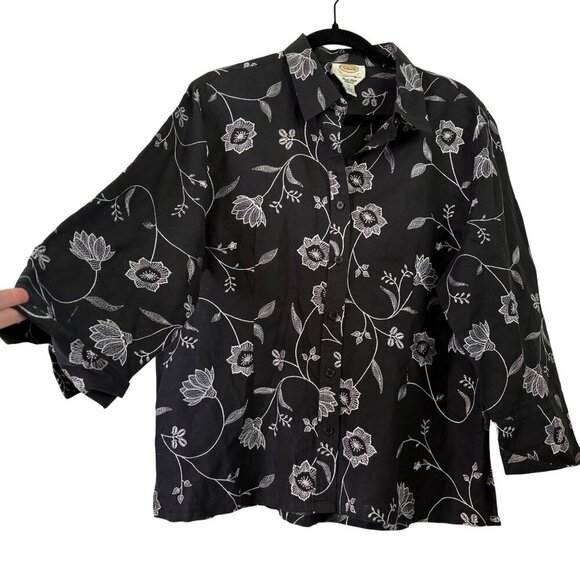 Talbots Women's Irish Linen Black Blouse Floral Embroidery 3/4 Sleeve Size Large - Picture 1 of 12